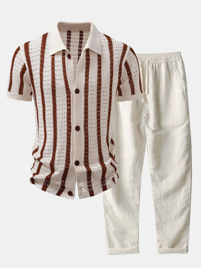CHEMISE À RAYURES AVEC ŒILLETS TRICOTÉS & PANTALONS EN LIN À JAMBE DROITE