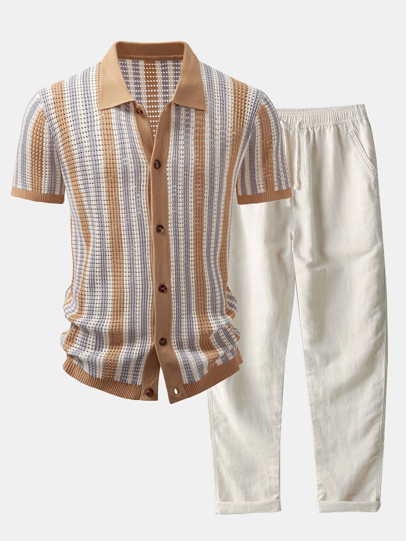CHEMISE À RAYURES AVEC ŒILLETS AU CROCHET & PANTALON EN LIN À JAMBE DROITE
