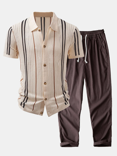 CHEMISE À RAYURES AU CROCHET AVEC BOUTONS & PANTALONS EN LIN À JAMBE DROITE