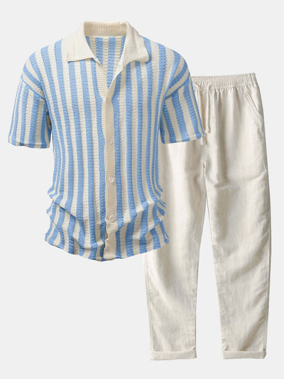 CHEMISE À ÉPAULES DÉGRADÉES ET RAYURES AU CROCHET & PANTALONS EN LIN À JAMBE DROITE