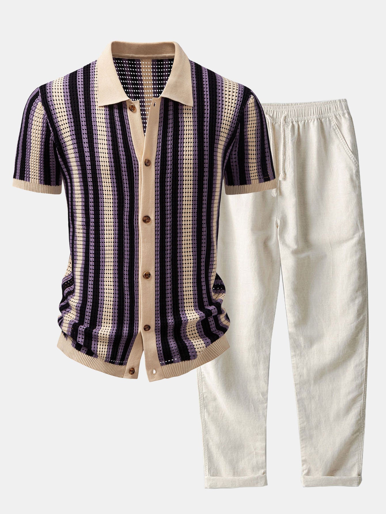 CHEMISE À RAYURES AVEC ŒILLETS AU CROCHET & PANTALON EN LIN À JAMBE DROITE