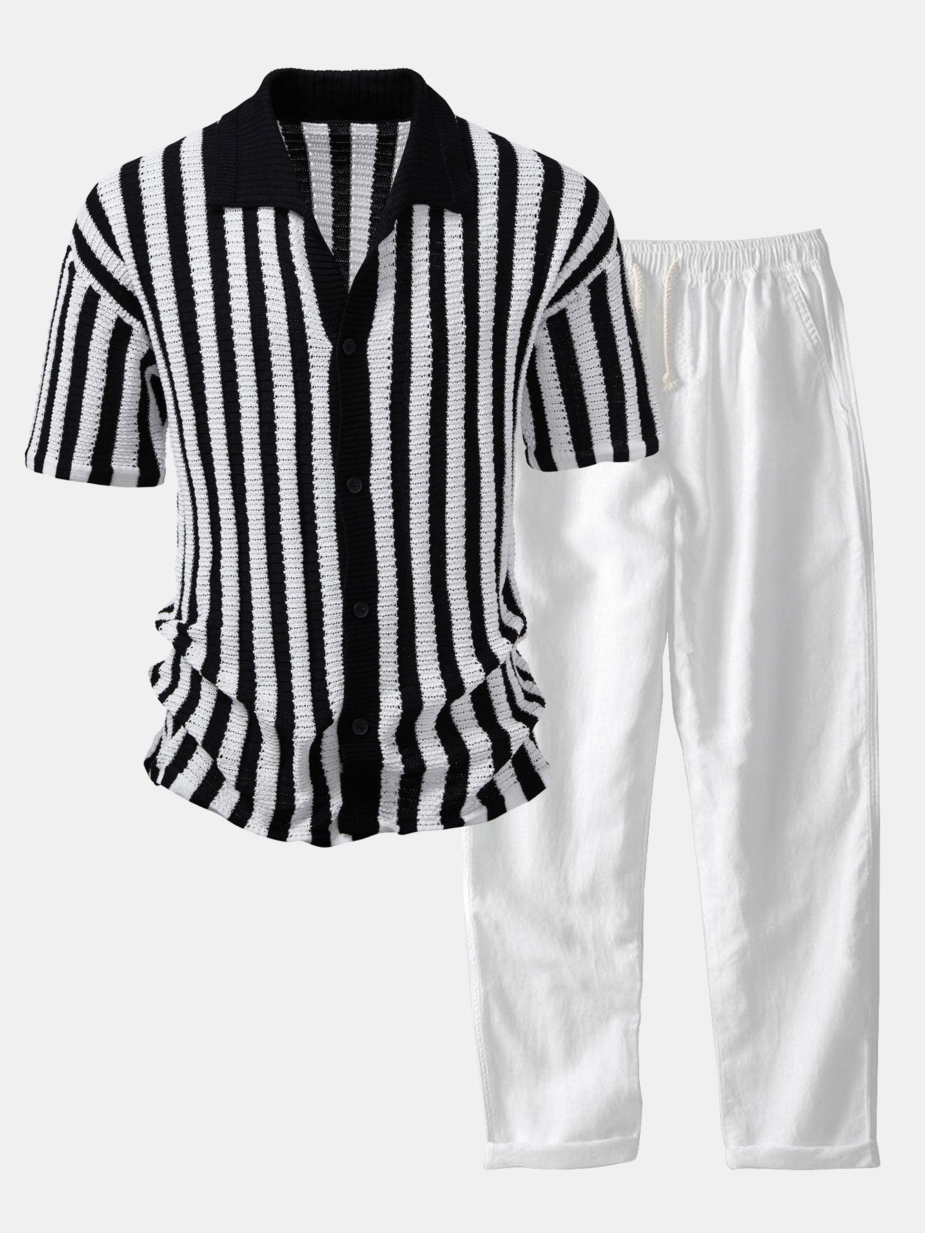 CHEMISE À ÉPAULES DÉGRADÉES ET RAYURES AU CROCHET & PANTALONS EN LIN À JAMBE DROITE