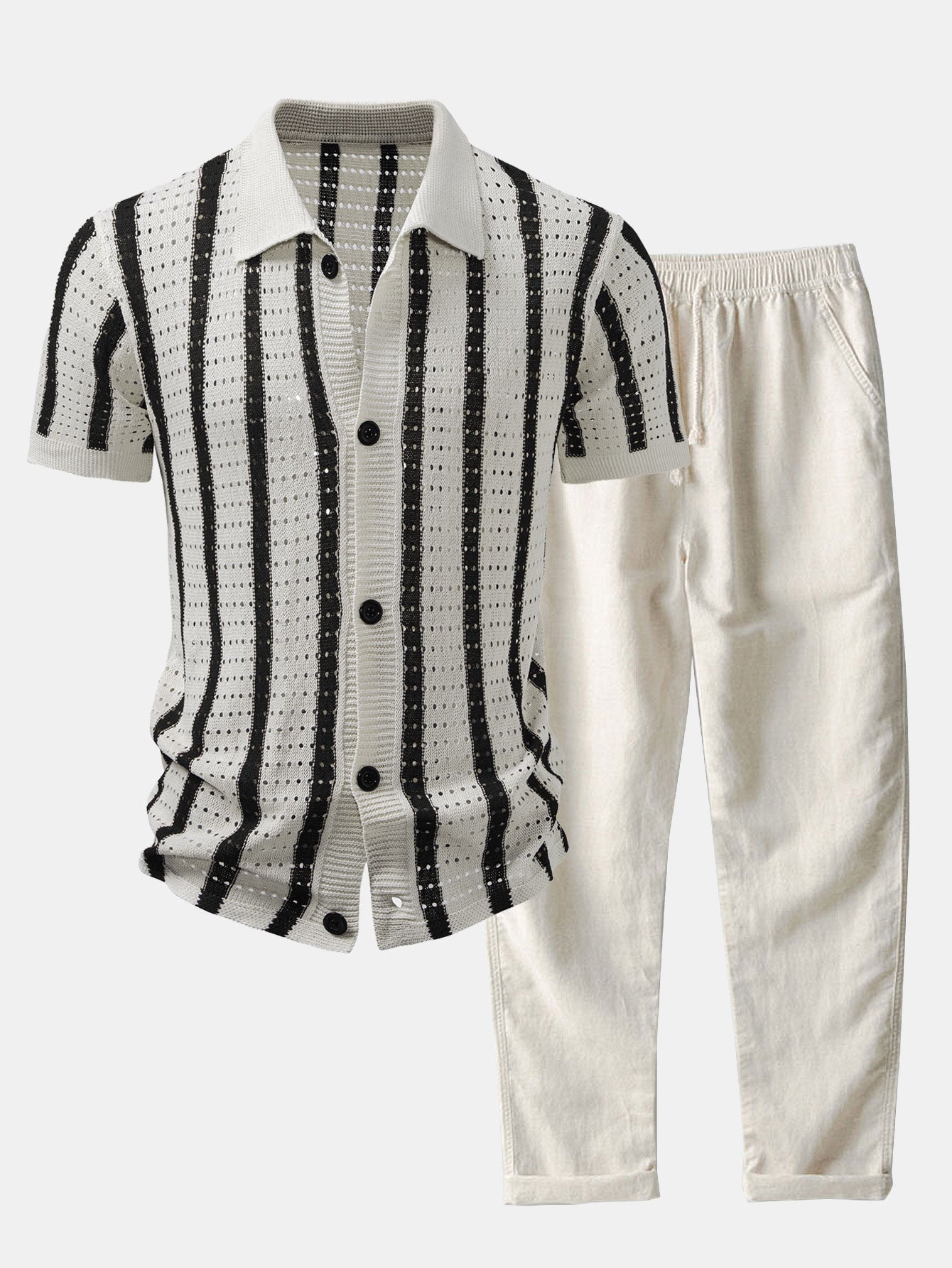 CHEMISE À RAYURES AVEC ŒILLETS TRICOTÉS & PANTALONS EN LIN À JAMBE DROITE
