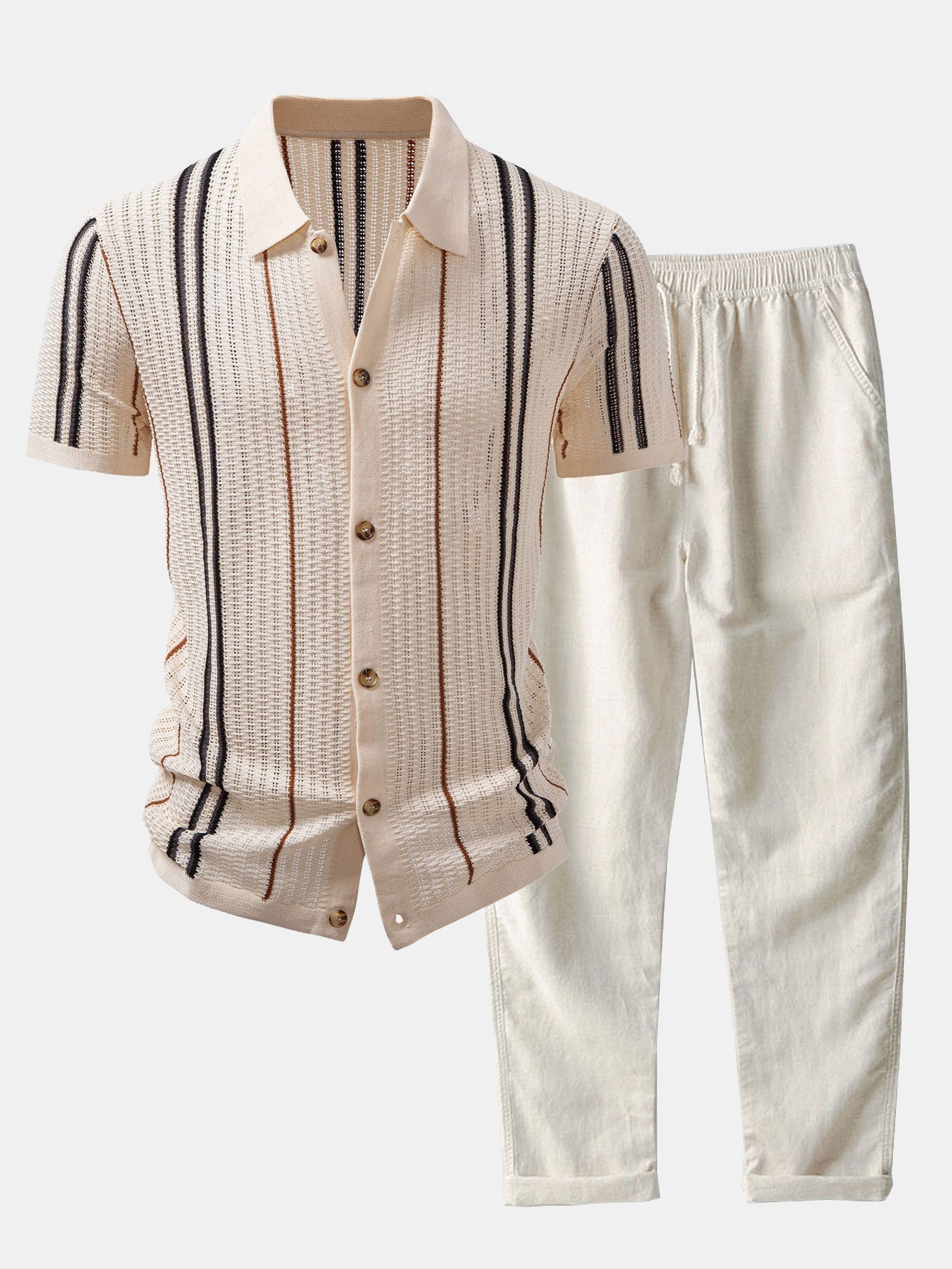 CHEMISE À RAYURES AU CROCHET AVEC BOUTONS & PANTALONS EN LIN À JAMBE DROITE