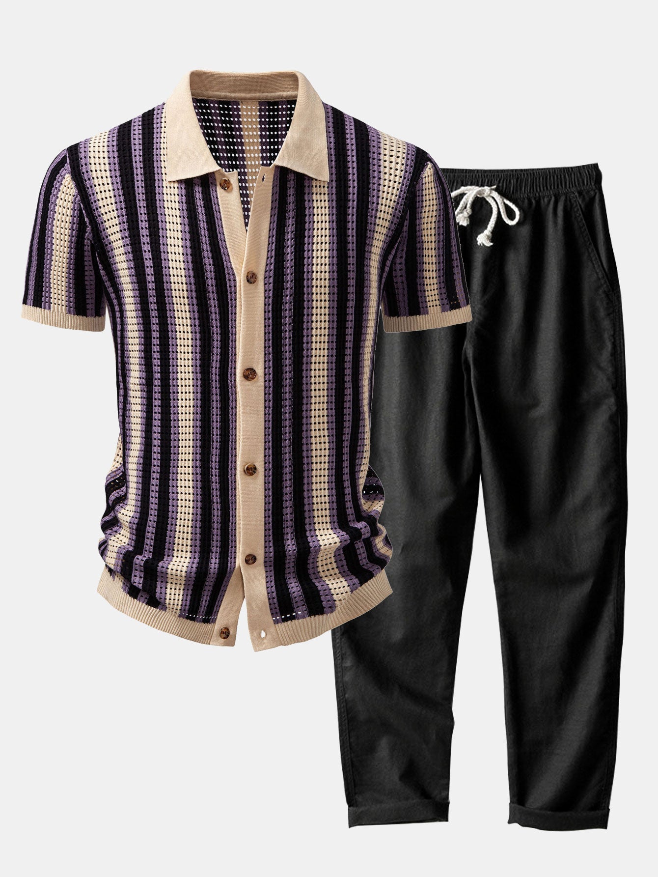 CHEMISE À RAYURES AVEC ŒILLETS AU CROCHET & PANTALON EN LIN À JAMBE DROITE