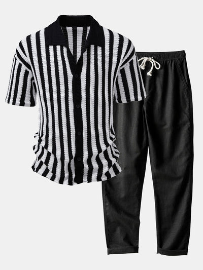 CHEMISE À ÉPAULES DÉGRADÉES ET RAYURES AU CROCHET & PANTALONS EN LIN À JAMBE DROITE