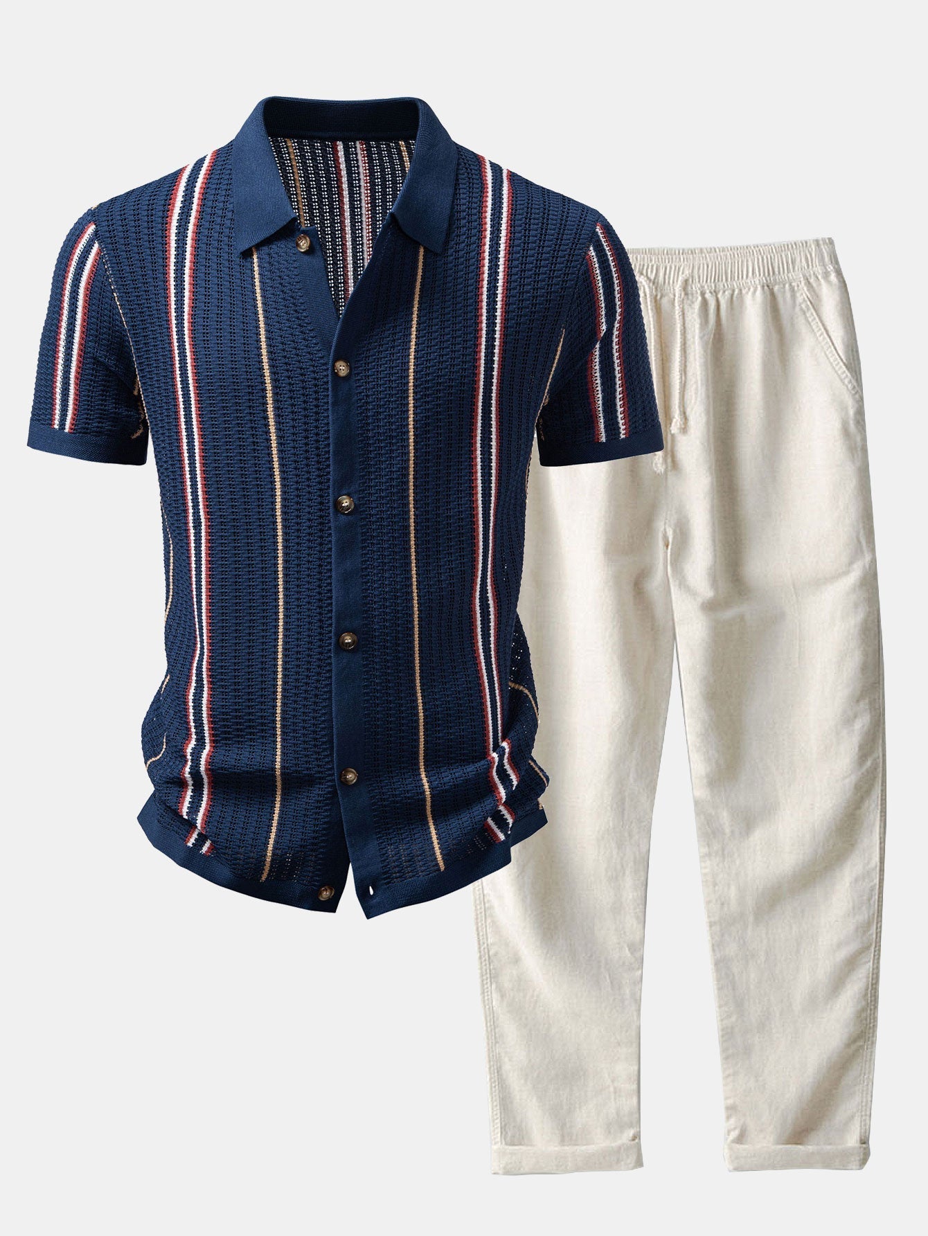 CHEMISE À RAYURES AU CROCHET AVEC BOUTONS & PANTALONS EN LIN À JAMBE DROITE