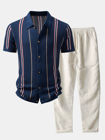 CHEMISE À RAYURES AU CROCHET AVEC BOUTONS & PANTALONS EN LIN À JAMBE DROITE