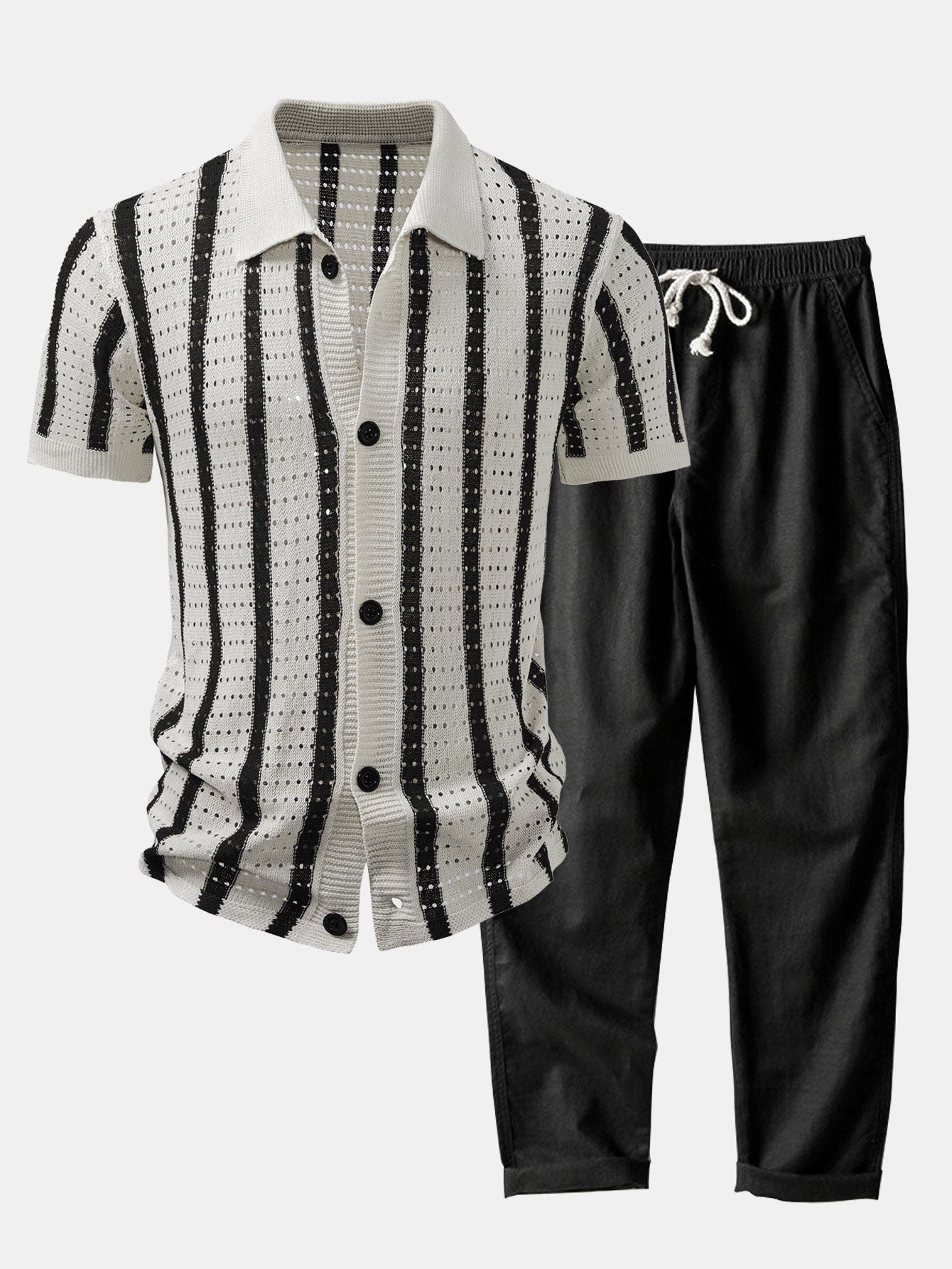 CHEMISE À RAYURES AVEC ŒILLETS TRICOTÉS & PANTALONS EN LIN À JAMBE DROITE