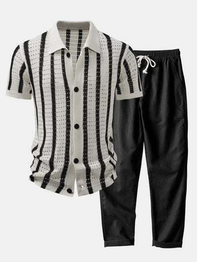 CHEMISE À RAYURES AVEC ŒILLETS TRICOTÉS & PANTALONS EN LIN À JAMBE DROITE