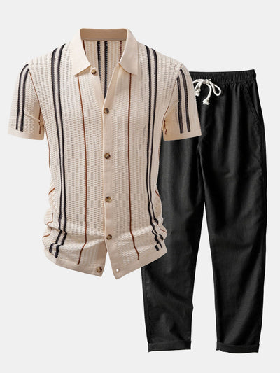 CHEMISE À RAYURES AU CROCHET AVEC BOUTONS & PANTALONS EN LIN À JAMBE DROITE