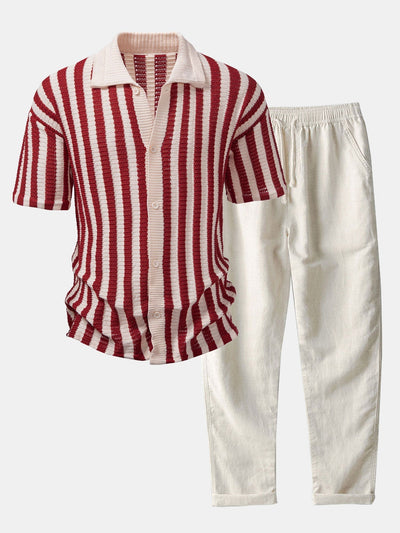 CHEMISE À ÉPAULES DÉGRADÉES ET RAYURES AU CROCHET & PANTALONS EN LIN À JAMBE DROITE