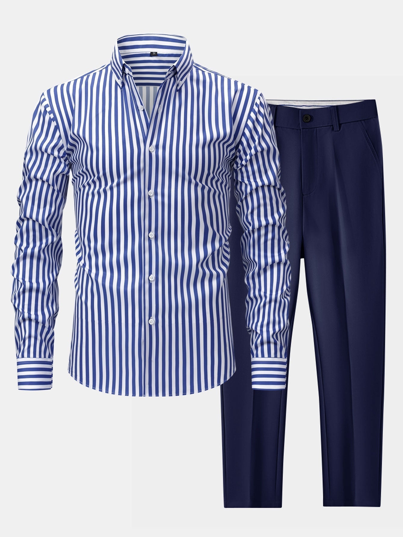 CHEMISE À MANCHES LONGUES À RAYURES AVEC BOUTONS & PANTALONS SLIM FIT À JAMBE ÉLARGIE