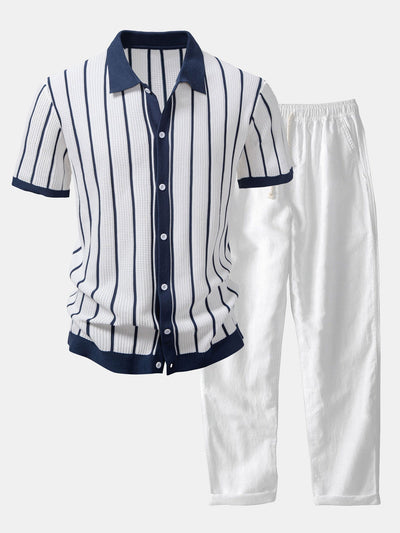 CHEMISE À RAYURES EN MAILLE AVEC BOUTONS & PANTALONS EN LIN DROITS