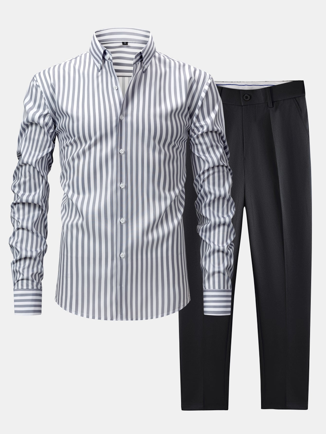 CHEMISE À MANCHES LONGUES À RAYURES AVEC BOUTONS & PANTALONS SLIM FIT À JAMBE ÉLARGIE