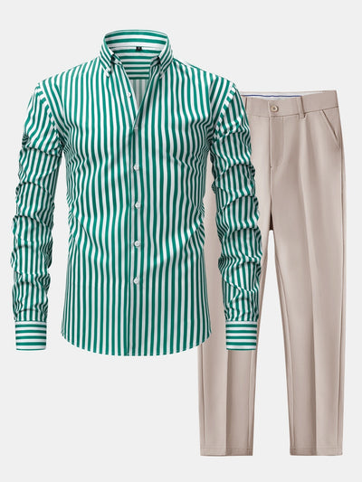 CHEMISE À MANCHES LONGUES À RAYURES AVEC BOUTONS & PANTALONS SLIM FIT À JAMBE ÉLARGIE