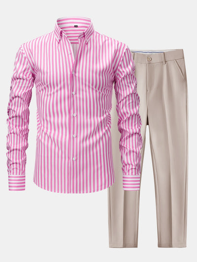 CHEMISE À MANCHES LONGUES À RAYURES AVEC BOUTONS & PANTALONS SLIM FIT À JAMBE ÉLARGIE