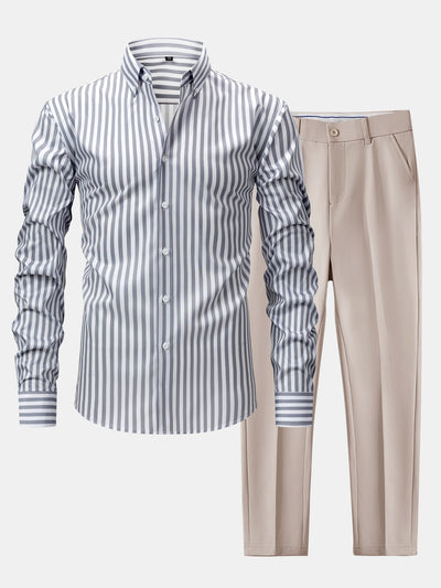 CHEMISE À MANCHES LONGUES À RAYURES AVEC BOUTONS & PANTALONS SLIM FIT À JAMBE ÉLARGIE