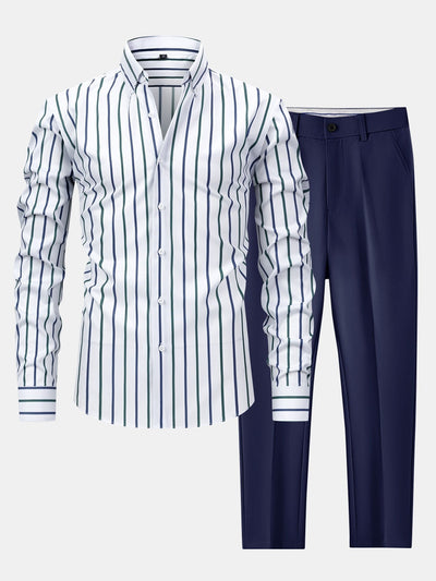 CHEMISE À MANCHES LONGUES À RAYURES AVEC BOUTONS & PANTALONS SLIM FIT À JAMBES ÉVASÉES