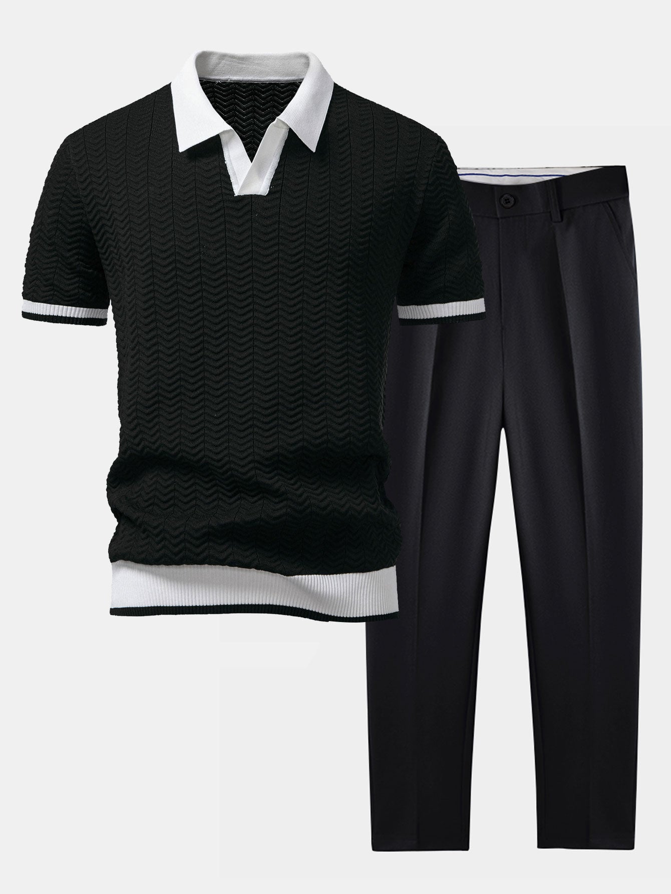 POLO À COL V EN MAILLE AVEC CONTRASTE DE TEXTURE & PANTALONS SLIM FIT