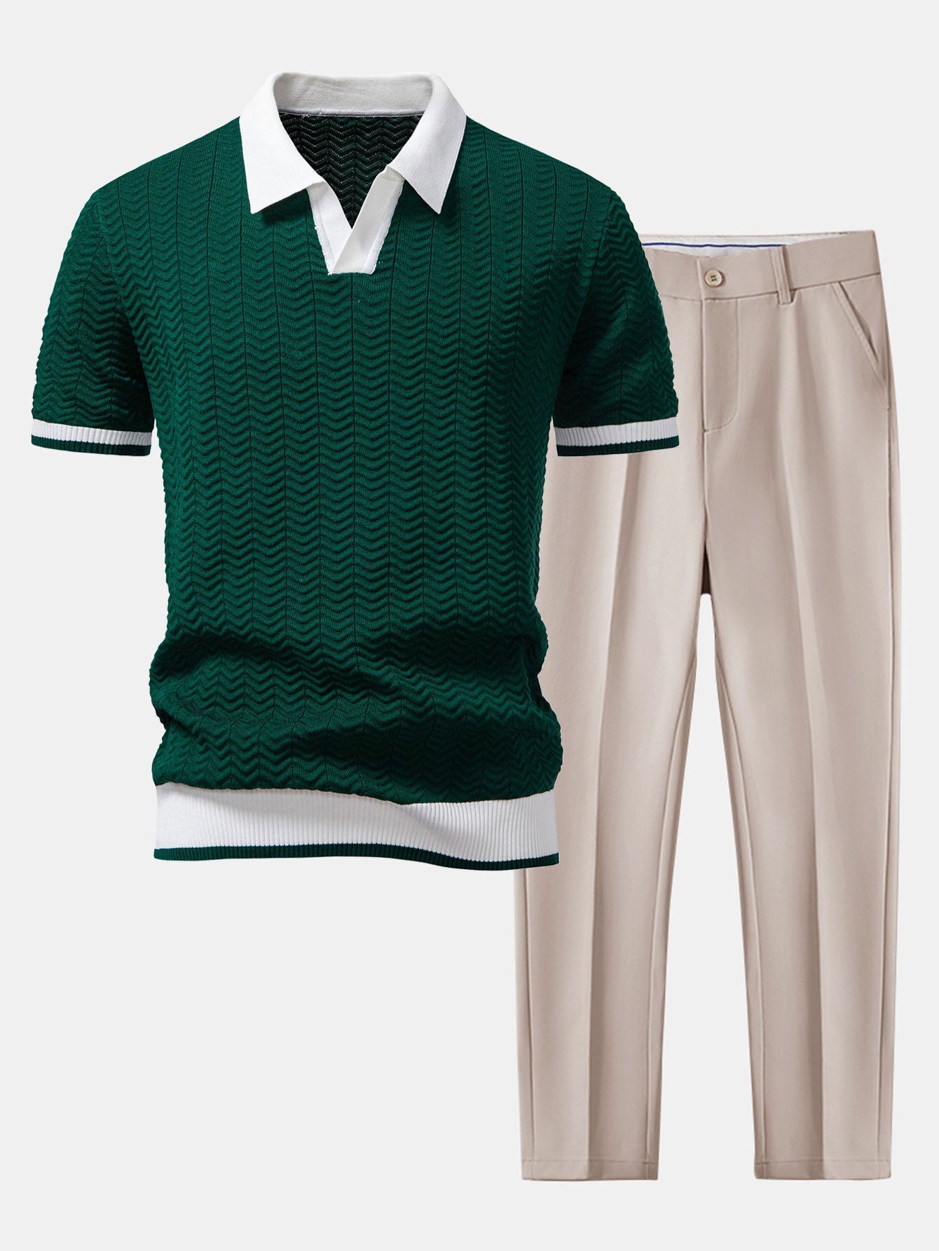 POLO À COL V EN MAILLE AVEC CONTRASTE DE TEXTURE & PANTALONS SLIM FIT
