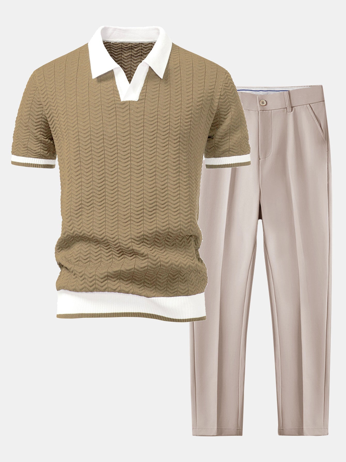 POLO À COL V EN MAILLE AVEC CONTRASTE DE TEXTURE & PANTALONS SLIM FIT