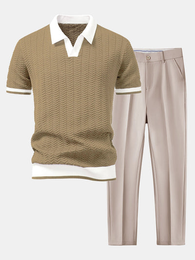 POLO À COL V EN MAILLE AVEC CONTRASTE DE TEXTURE & PANTALONS SLIM FIT