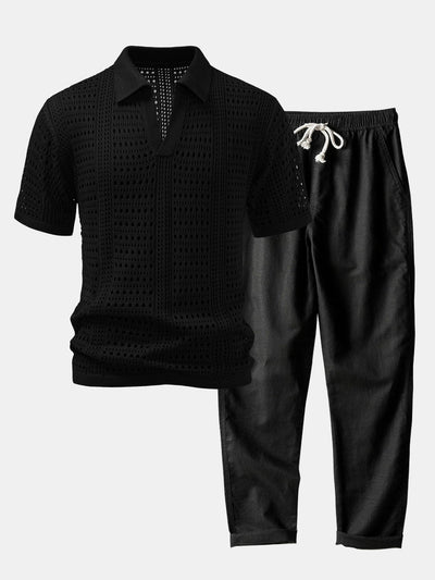 POLO A V IN CROCHET & PANTALONI IN LINO CON GAMBA DRITTA