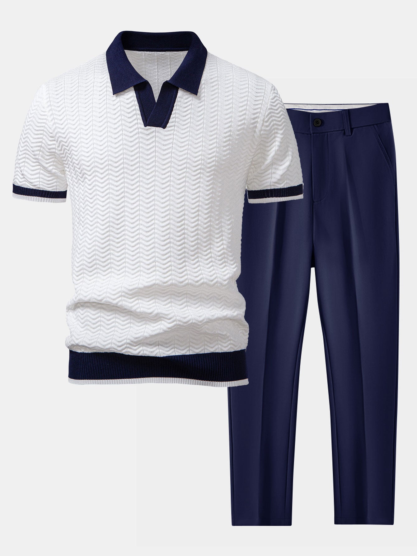 POLO À COL V EN MAILLE AVEC CONTRASTE DE TEXTURE & PANTALONS SLIM FIT